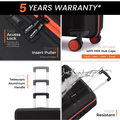 Hard-body luggage features collage: telescopic handles, locks, and 8-wheel caster base details.