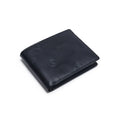 Black leather bi-fold wallet, angled view, embossed logo on cover.