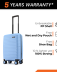 Blue small cabin suitcase with ribbed shell, front view, black telescopic handle