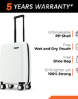 White cabin suitcase with upright handle, accessory area on front, 4-wheel base
