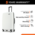 Large check-in suitcase with PP shell, front wet and dry pouch, and shoe storage bag