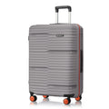 Grey hard-shell check-in suitcase with extendable handle and four orange wheels