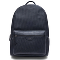 Black leather backpack front view with top handle and central zip pocket