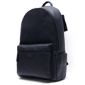 Black leather backpack back view with top handle and front zip pocket panel