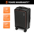 Black hard-shell trolley suitcase with laptop compartment, patterned front, four spinner wheels