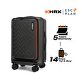 Transit trolley with laptop compartment, black hard-shell trolley suitcase with orange-trim accents and wheels