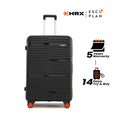 Black medium check-in suitcase with ridged hardshell and four spinner wheels, front view