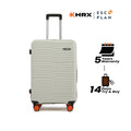 White medium check-in suitcase with ridged hardshell and four spinner wheels, front view