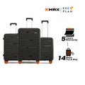 Dark hard-shell luggage set of 3 with upright handles and 8 spinner wheels.