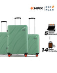 Hard-shell luggage set of three, green with telescopic handles and red wheels