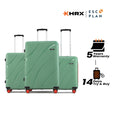 Hard-shell luggage set of three, green with telescopic handles and red wheels
