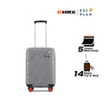 Small cabin suitcase with 8 wheels, grey hard shell and upright handle