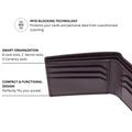 Dark brown leather bi-fold wallet open to show card slots and bill compartment