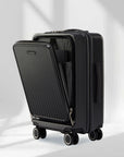 Black laptop cabin trolley with expandable side panel open and four spinner wheels