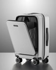 Off-white polycarbonate laptop cabin trolley with textured front panel open, four wheels