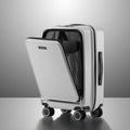 Off-white polycarbonate laptop cabin trolley with textured front panel open, four wheels