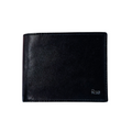 Black leather bi-fold wallet with small logo on the front
