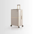 Beige hard-shell trolley suitcase with telescopic handle and four spinner wheels