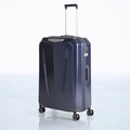 Hard shell polycarbonate trolley luggage in dark blue with front pocket and spinner wheels