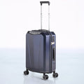 Hard shell polycarbonate trolley luggage in dark blue with telescopic handle and wheels