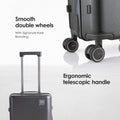 Dark grey hard-shell trolley with smooth double wheels and ergonomic telescopic handle