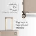 Beige hard-shell trolley suitcase with metallic rim wheels and telescopic handle