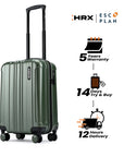 Cabin suitcase with extended handle, dark green hard-shell and four spinner wheels