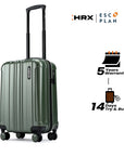Small cabin suitcase with telescopic handle, olive green shell, hard ridged sides, 8-wheel design