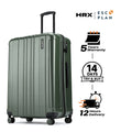 Large check-in suitcase, dark green ribbed shell, front view with 8 spinner wheels