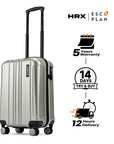 Cabin suitcase with extended handle, silver hard-shell and four spinner wheels