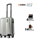 Small cabin suitcase with telescopic handle, silver shell, corner wheels and side latch, 8-wheel design