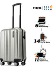 Cabin suitcase with extended handle, silver hard-shell and four spinner wheels
