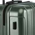 Dark green hard-shell suitcase front corner with vertical handle and latch pocket