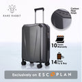 Hard-shell trolley luggage, dark blue carbon fiber finish, angled front view