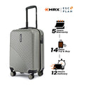 Silver ribbed hardside cabin suitcase side view with telescopic handle and wheels