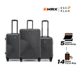 Hard-shell 3-piece luggage set in charcoal with three upright suitcases