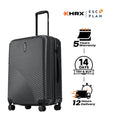 Charcoal grey hard-shell check-in suitcase with ribbed texture, side handle, and 8 wheels