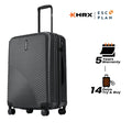 Charcoal gray hard-shell suitcase with ridged pattern, telescopic handle, and wheels
