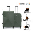 Two dark green hard-shell luggage cases side by side with spinner wheels.