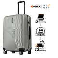 Silver hard-shell check-in suitcase with ribbed texture, side handle, and 8 wheels