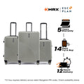 Hard-shell 3-piece luggage set in light silver with three upright suitcases