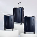 Three hard-shell trolley suitcases with double wheels and telescopic handles, dark blue