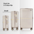 Set of beige hard-shell wheeled suitcases in small, medium, and large sizes