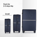 Navy hard-shell polycarbonate luggage set: small, medium, and large with dual wheels
