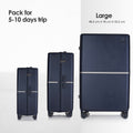 Navy hard-shell polycarbonate luggage set: small, medium, and large with dual wheels