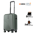 Small cabin suitcase in dark green hard shell with upright handle and four front wheels