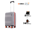 Grey small cabin suitcase with telescopic handle and 8 spinner wheels, hard shell