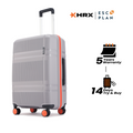 Medium check-in suitcase, light grey with red trim, four wheels and telescopic handle