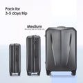 Dark gray hard shell trolley suitcase with carbon-fiber style finish and spinner wheels