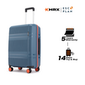 Medium check-in suitcase, blue with red trim, four wheels and telescopic handle